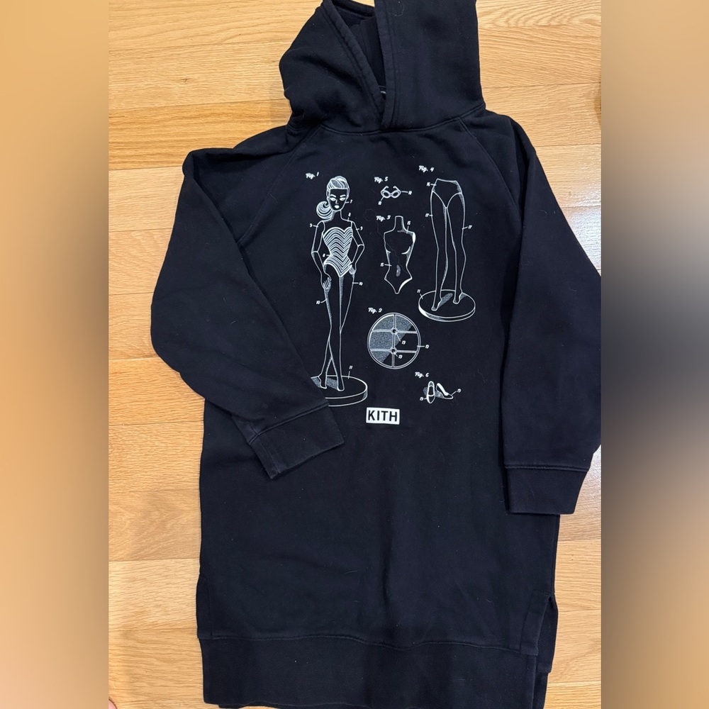 Kith Kids  Black Hoodie Sweater Dress with White Barbie Logo